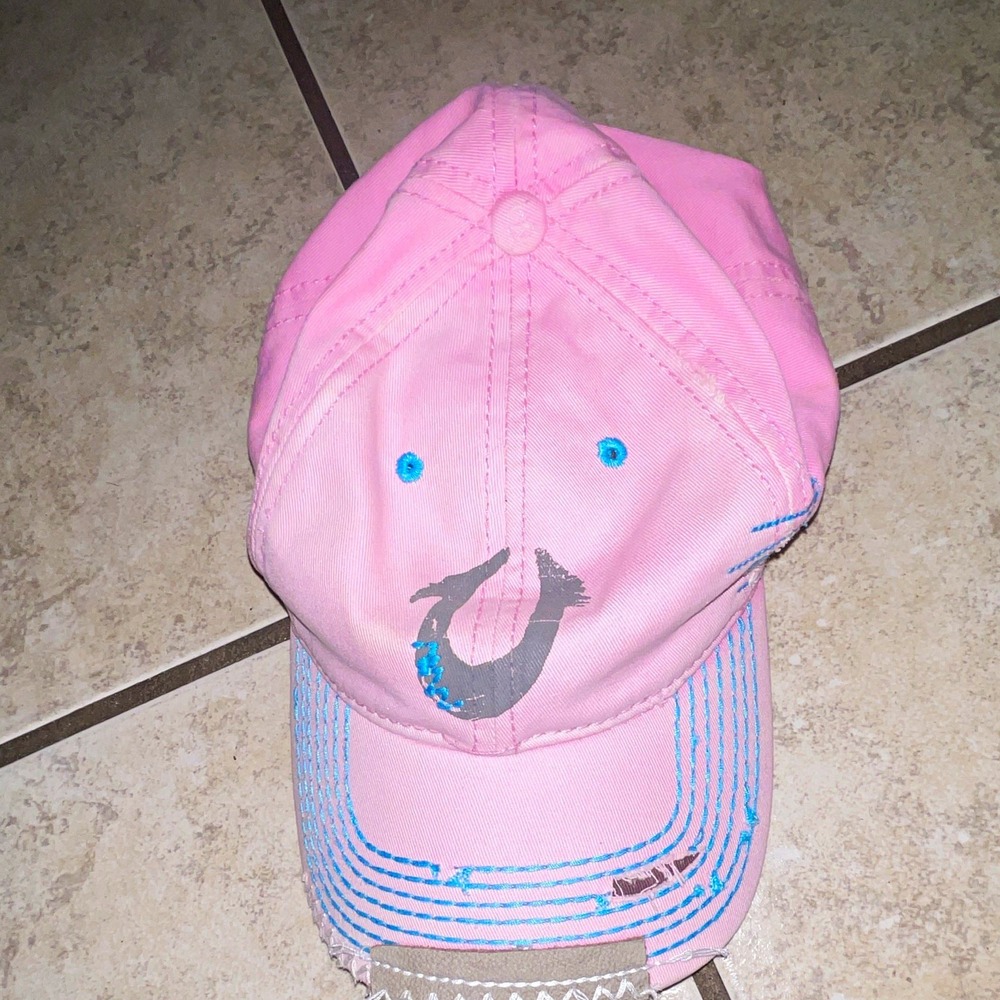 True Religion Mens Pink Painted Logo Baseball Cap Hat Adjustable Cotton OSFM
